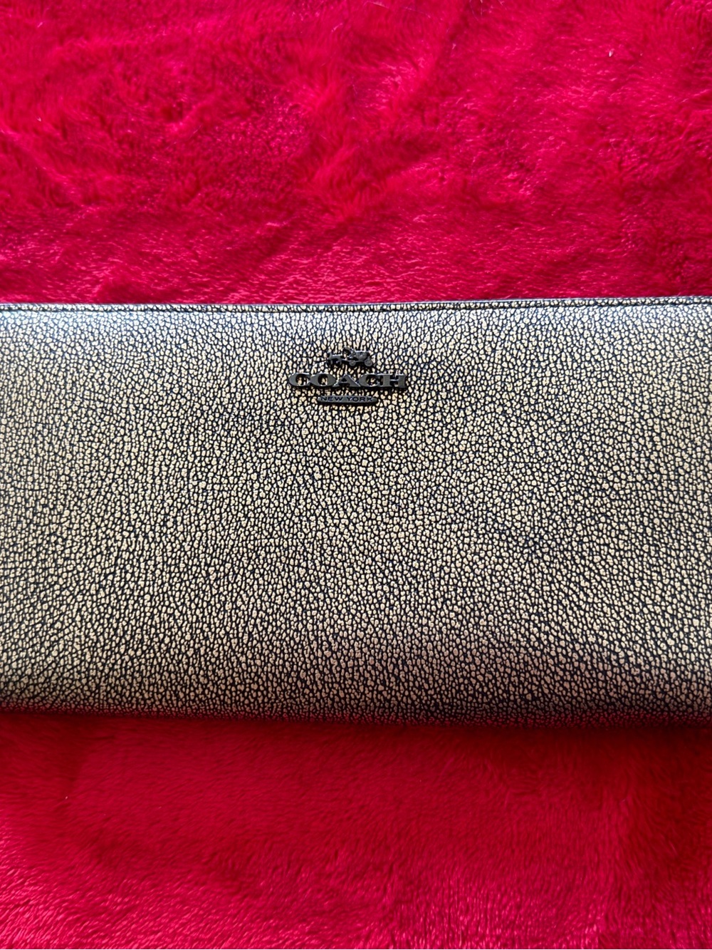 COACH Gold Metallic Black Crackle Leather Accordion Zip Around Wallet